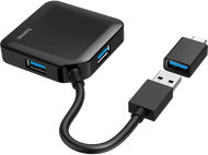 Hub USB noir avec connecteurs USB-A et USB-C.