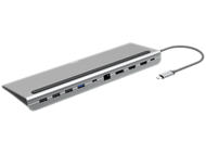 Hub USB-C Hama argenté avec plusieurs ports. Comprend des connexions USB, HDMI et Ethernet.