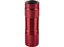 Charger l&#39;image dans la galerie, Lampe de poche rouge avec corps texturé et bouton noir en haut. Forme cylindrique.
