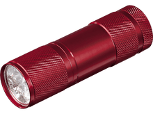 Charger l&#39;image dans la galerie, Une lampe de poche rouge avec une poignée texturée et un boîtier de lentille, éclairée par des LED, sur fond blanc.

