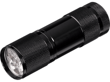 Charger l&#39;image dans la galerie, Lampe de poche noire avec plusieurs lumières LED. Manche texturé et lentille claire.

