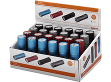 Charger l&#39;image dans la galerie, Présentation de plusieurs petites lampes de poche LED colorées dans une boîte de vente au détail.
