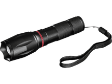 Charger l'image dans la galerie, Une lampe de poche noire avec un anneau rouge, une dragonne et un faisceau lumineux blanc.
