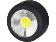Lumière LED ronde noire. La lumière est noire avec un centre jaune et un bord argenté.