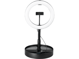 Anneau lumineux noir avec support de téléphone et base. Il a un câble USB.