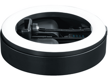 Charger l&#39;image dans la galerie, Anneau lumineux noir avec support de téléphone et bras flexible. Boutons sur la base.
