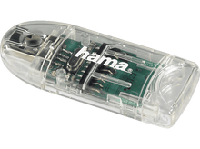 Charger l&#39;image dans la galerie, Un lecteur de carte USB Hama transparent avec une carte de circuit imprimé verte à l&#39;intérieur. Le logo Hama est visible.
