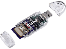 Charger l&#39;image dans la galerie, Un lecteur de carte USB transparent avec une carte SD insérée.
