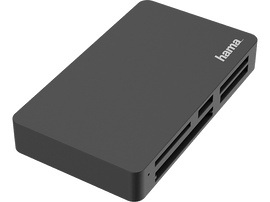 Lecteur de cartes Hama noir, rectangulaire avec plusieurs emplacements pour cartes. Vue en angle.