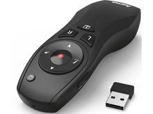 Charger l&#39;image dans la galerie, Une télécommande de présentation noire avec des boutons et un récepteur USB. Boutons R, L et autres symboles.
