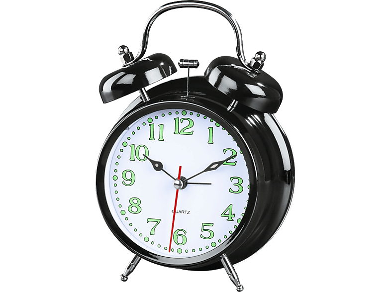 Réveil noir avec chiffres et aiguilles vertes. L'horloge est réglée à une heure précise.