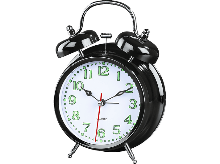 Réveil noir avec chiffres et aiguilles vertes. L'horloge est réglée à une heure précise.