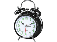 Réveil noir avec chiffres et aiguilles vertes. L'horloge est réglée à une heure précise.