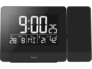 Horloge numérique noire affichant l'heure, la date et la météo.