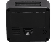 Charger l'image dans la galerie, Un réveil noir et carré, vue de face avec boutons et trappe à piles.
