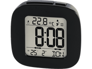 Réveil numérique noir affichant l'heure et la date. Avec boutons snooze et lumière.