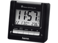Réveil numérique Hama noir affichant l'heure, la date et la température.