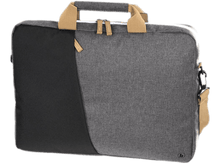 Charger l&#39;image dans la galerie, Un sac pour ordinateur portable gris et noir avec des poignées marron et une bandoulière.
