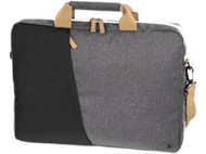 Un sac pour ordinateur portable gris et noir avec des poignées marron et une bandoulière.