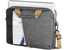 Charger l&#39;image dans la galerie, Un sac d&#39;ordinateur portable gris avec une poignée, une bandoulière et un document dans la poche latérale.
