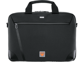 Sacoche pour ordinateur portable DSO noire avec une poignée, une fermeture éclair et un logo orange en bas.