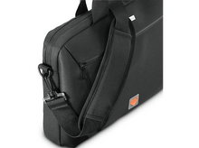 Charger l&#39;image dans la galerie, Un sac d&#39;ordinateur portable noir avec une bandoulière et un logo orange.
