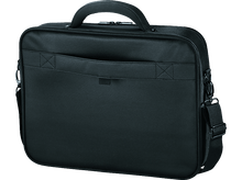 Charger l&#39;image dans la galerie, Serviette noire avec poignée et bandoulière. Elle a une poche avant et une fermeture éclair.
