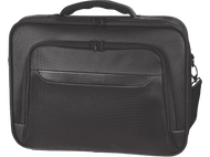 Sacoche noire rectangulaire pour ordinateur portable avec fermeture éclair, poche avant et poignée.