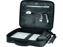 Charger l&#39;image dans la galerie, Sac pour ordinateur portable noir ouvert avec un ordinateur portable, une souris, des cordons et des accessoires à l&#39;intérieur.
