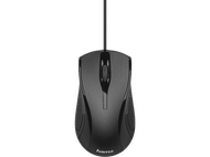 Souris d'ordinateur noire, avec surface texturée, molette et câble connecté.