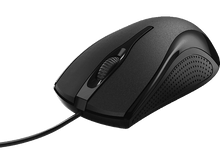 Charger l&#39;image dans la galerie, Une souris d&#39;ordinateur noire filaire avec une molette de défilement et un design ergonomique sur fond blanc.
