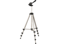 Un trépied argenté avec ajustements noirs et une tête noire sur fond blanc.