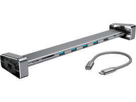 Hub USB-C Hama argenté avec plusieurs ports et un câble USB-C noir.