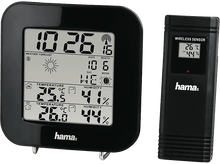 Charger l&#39;image dans la galerie, Station météo Hama noire avec affichage numérique. Affiche l&#39;heure, la température, l&#39;humidité et les prévisions.
