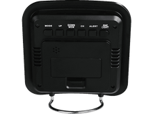 Charger l&#39;image dans la galerie, Dos noir d&#39;un réveil avec boutons, haut-parleur et support métallique.
