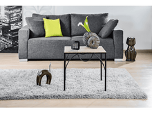 Charger l&#39;image dans la galerie, Salon avec un canapé gris, un tapis, une table et des objets décoratifs.
