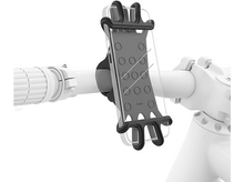 Charger l&#39;image dans la galerie, Un téléphone fixé sur un guidon de vélo avec un support noir, cadre de vélo blanc visible en arrière-plan.
