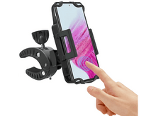 Charger l&#39;image dans la galerie, Support de téléphone noir tenant un téléphone avec un écran rose et blanc, doigt touchant l&#39;écran.
