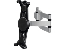 Un support de tablette noir et argenté monté sur un mur. Il a un bras rotatif.