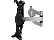 Un support de tablette noir et argenté monté sur un mur. Il a un bras rotatif.