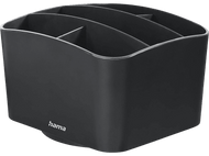 Un organisateur de bureau noir avec plusieurs compartiments. Le logo Hama est visible. Le fond est noir.