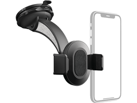 Support de téléphone de voiture noir avec téléphone, sur fond blanc.