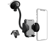 Un support de téléphone noir avec une ventouse et un clip de ventilation de voiture. Un téléphone est placé.