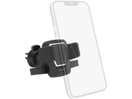 Support de téléphone noir avec un téléphone. Le téléphone est blanc avec un écran noir.