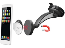 Charger l&#39;image dans la galerie, Un téléphone et un support de voiture. Le support a un aimant et une ventouse pour la fixation.

