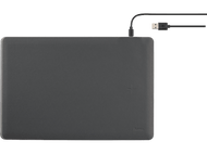 Un support gris pour ordinateur portable avec un câble USB. La marque Hama est en bas à droite.