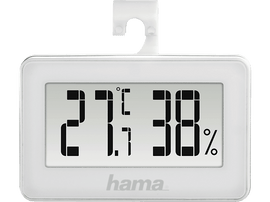 Un thermomètre numérique blanc affiche 27,1 degrés et 38% d