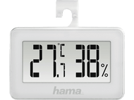 Un thermomètre numérique blanc affiche 27,1 degrés et 38% d'humidité.