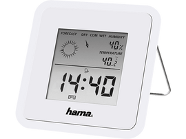 Une station météo numérique blanche. Affiche les prévisions, l