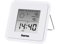 Une station météo numérique blanche. Affiche les prévisions, l'humidité, la température et l'heure. Marque Hama.